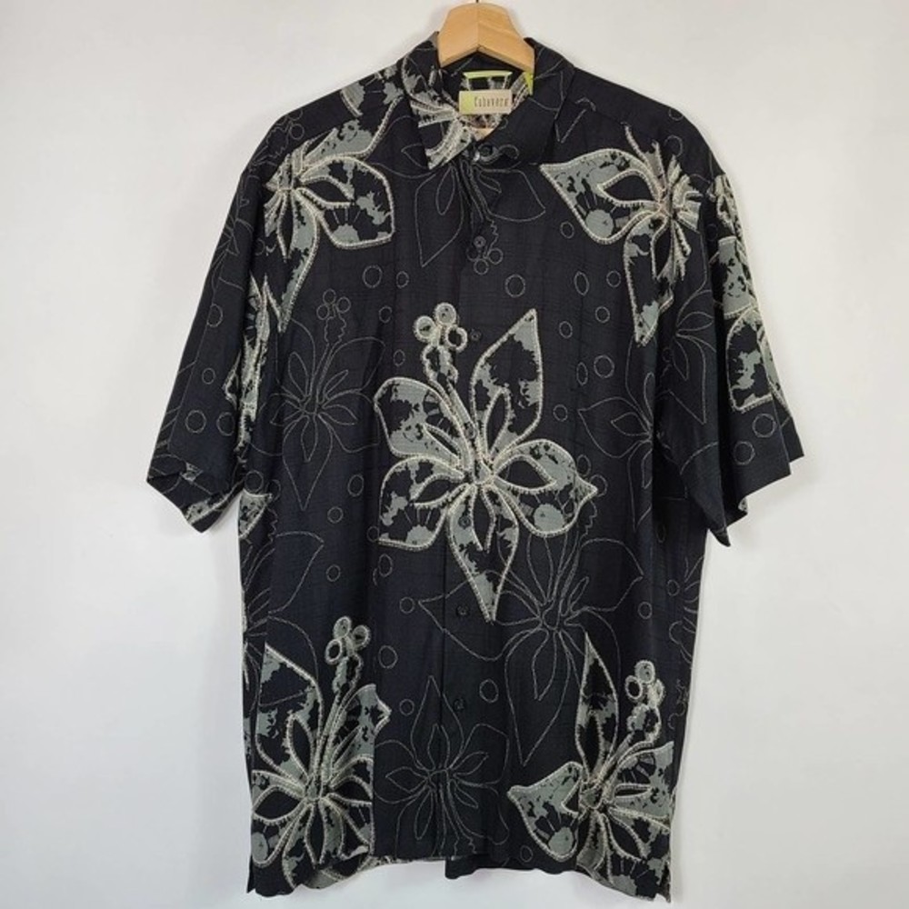Cubavera Men's Floral Print Short Sleeve Shirt - Black, Collared, Button Front